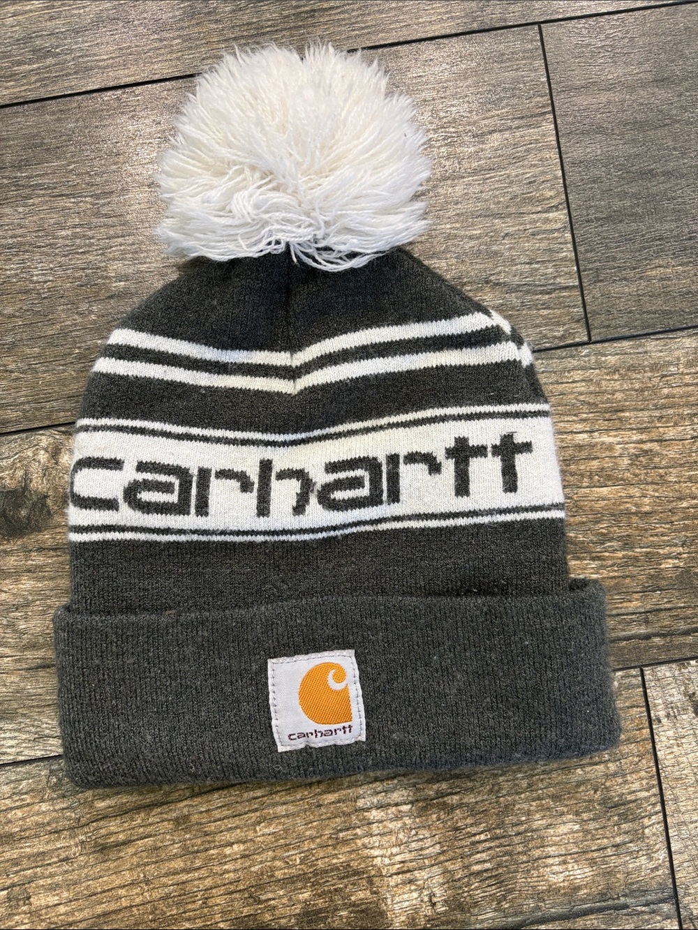 Carhartt Dark Gray and White Pom Beanie with Gold Logo Patch